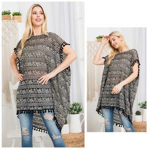 Oversized Mesh Sheer Embroidered Lace Floral BOHO Tassel Trim Tunic Top XL 5316